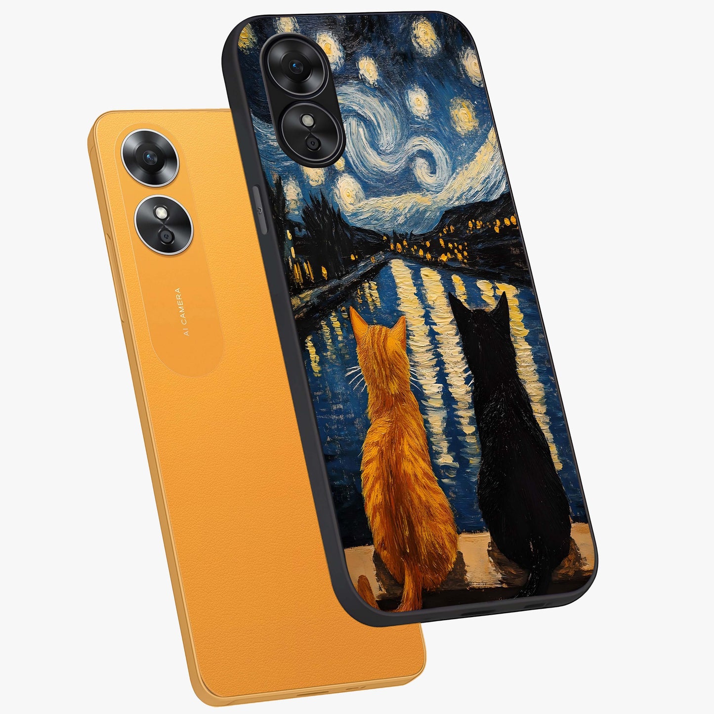Starry River Cats Glass Case displayed in angled mockup highlighting charming feline illustration with dreamy night aesthetic.