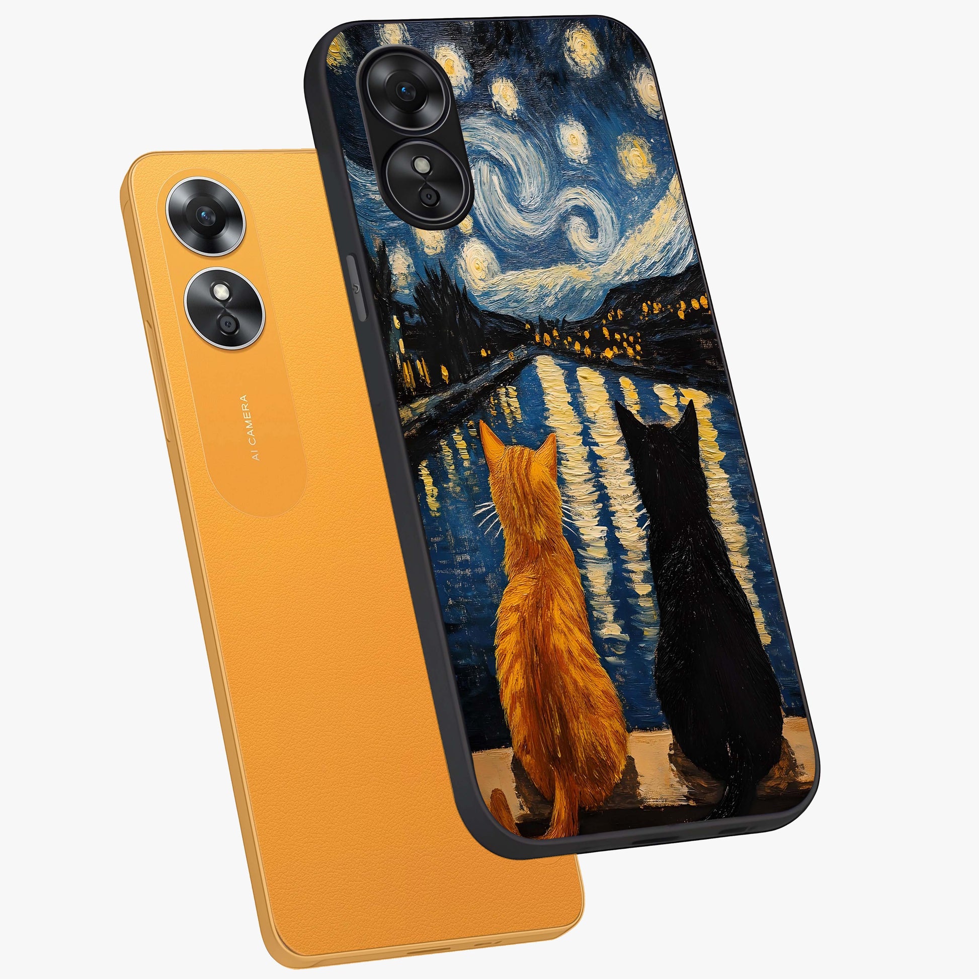 Starry River Cats Glass Case displayed in angled mockup highlighting charming feline illustration with dreamy night aesthetic.