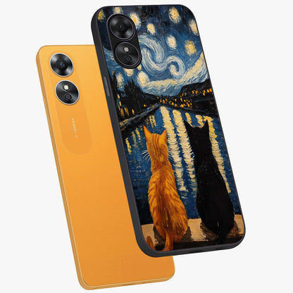 Starry River Cats Glass Case displayed in angled mockup highlighting charming feline illustration with dreamy night aesthetic.