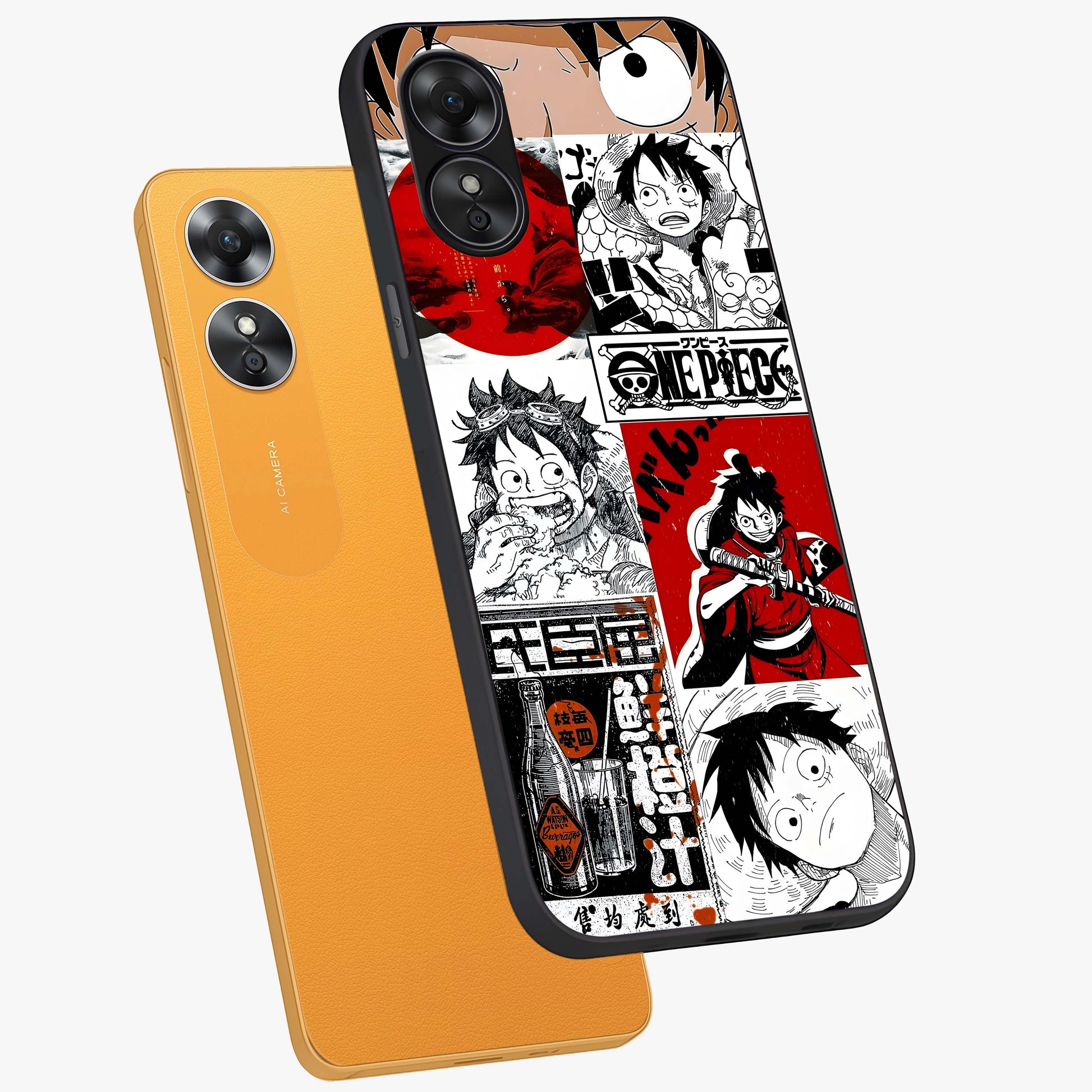 Strawhat Chaos Panels Glass Case displayed in angled mockup highlighting vibrant anime collage design with action aesthetic.