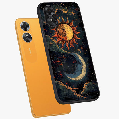 Sun And Moon Magic Design Glass Case displayed in angled mockup highlighting celestial design with magical cosmic aesthetic.