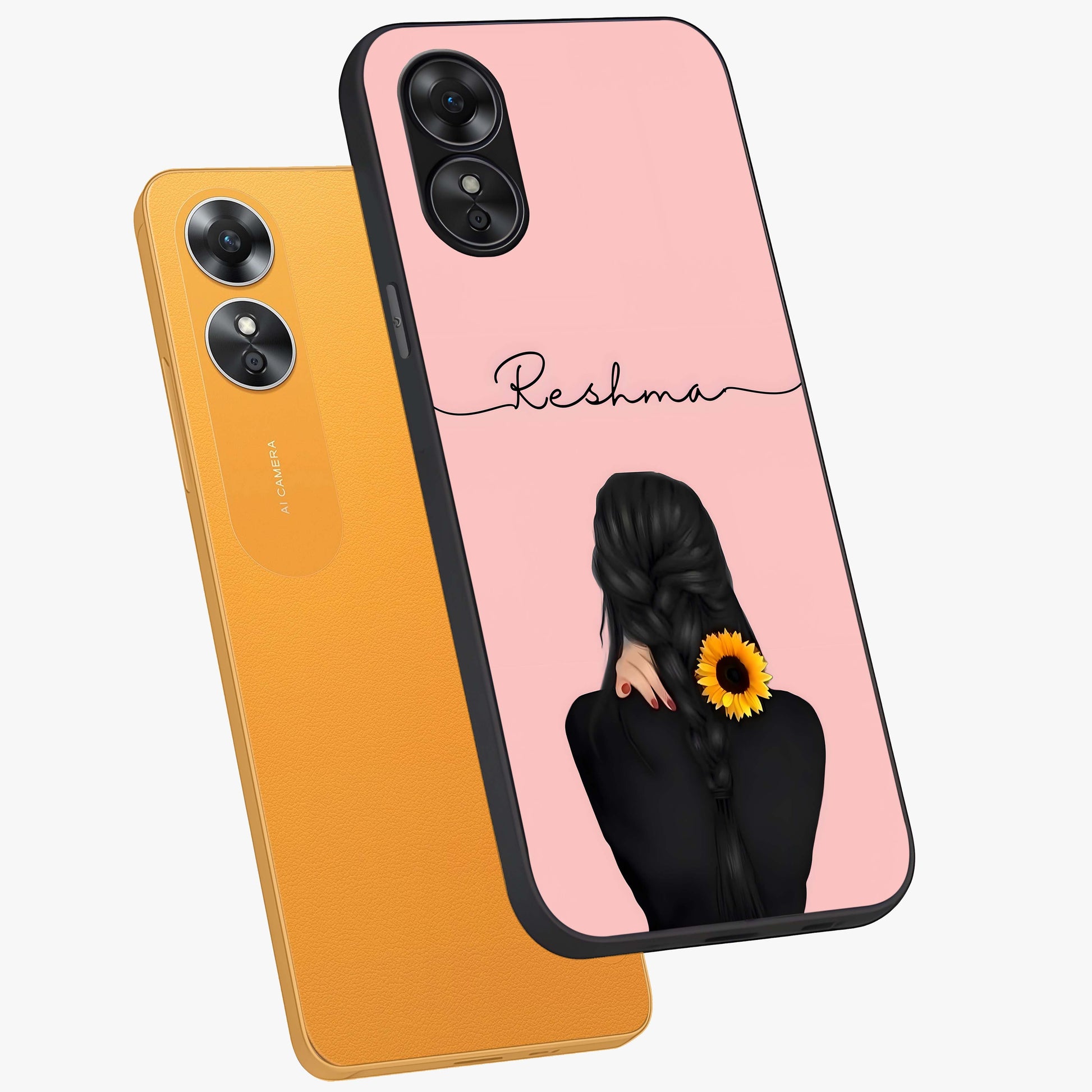 Sunflower Braid Beauty With Custom Name Glass Case displayed in angled mockup highlighting elegant sunflower design with custom name feature.