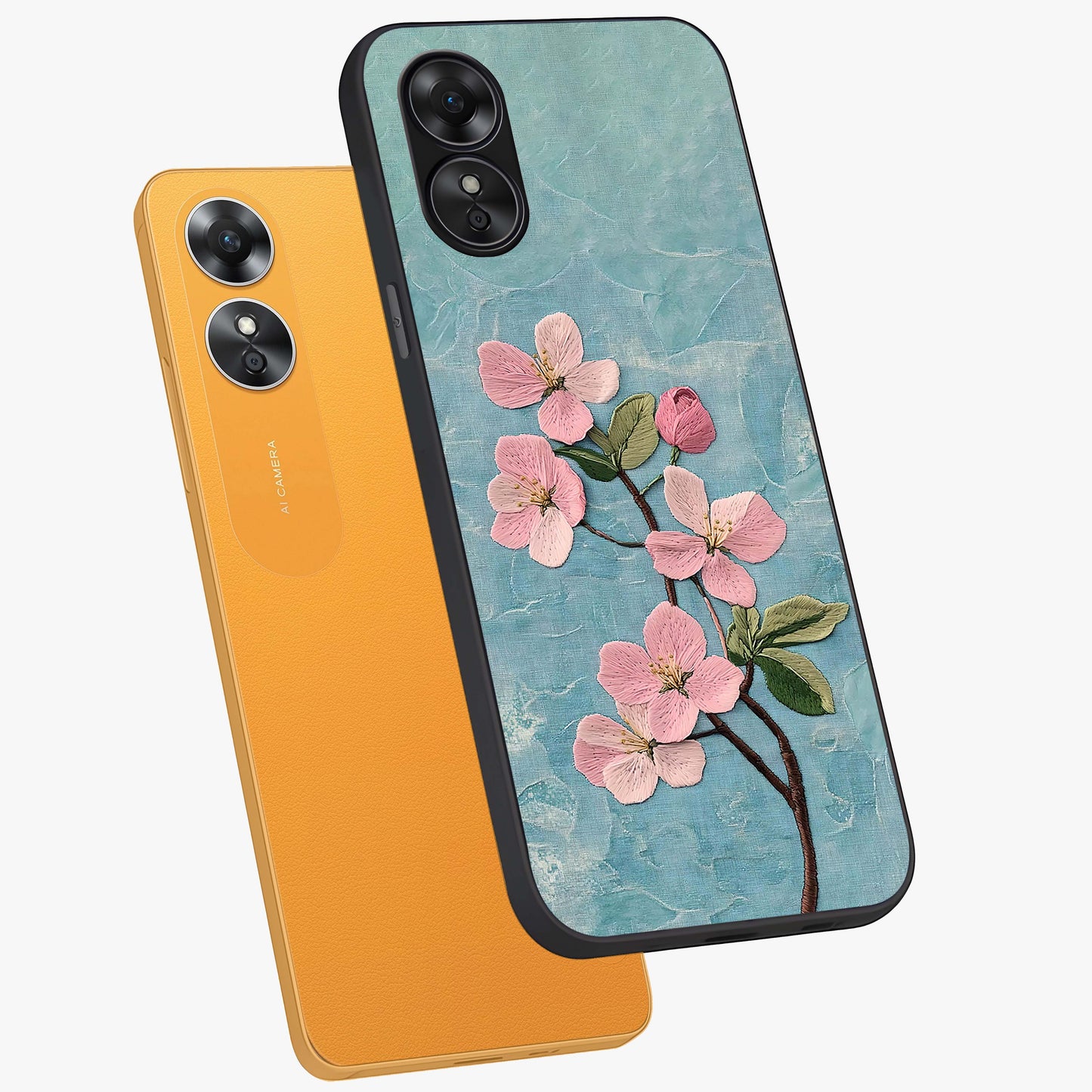 Threaded Blossom Breeze Glass Case displayed in angled mockup highlighting elegant floral design with soft aesthetic style.
