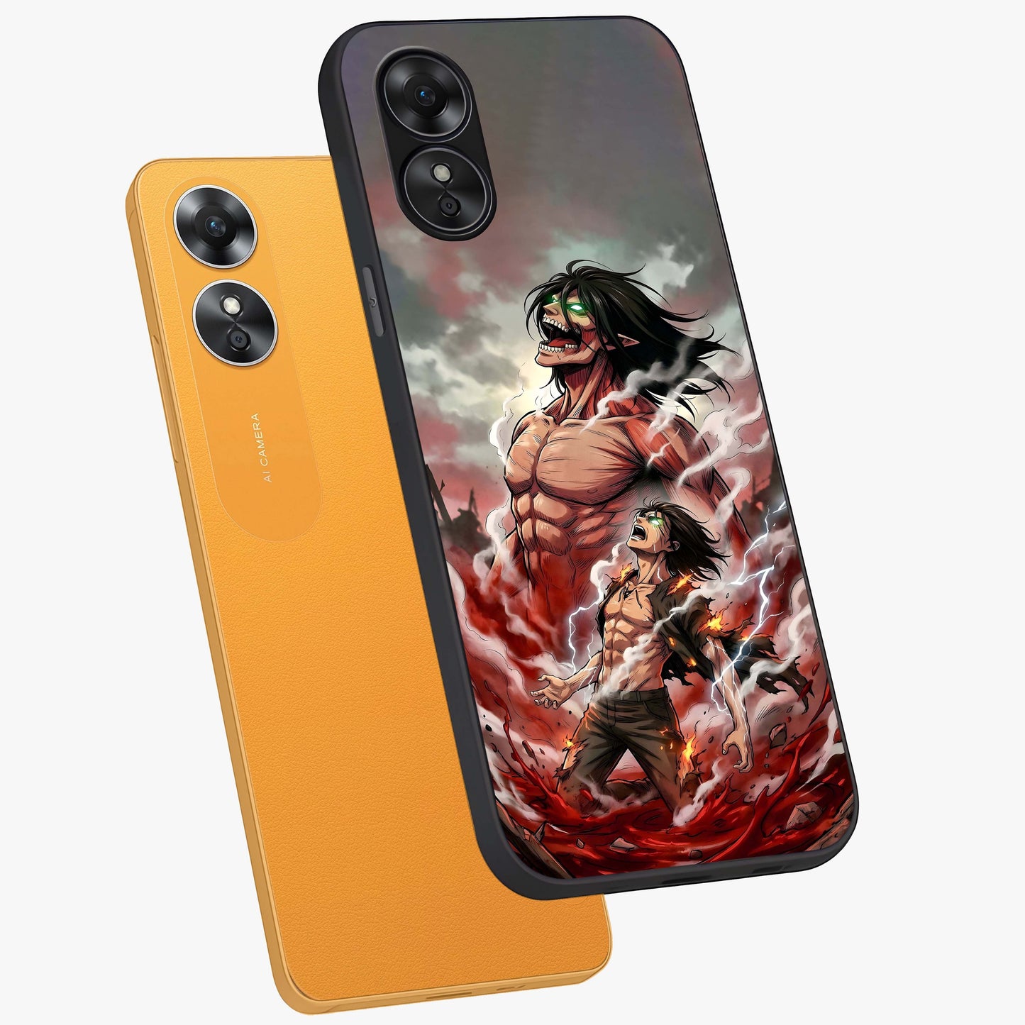 Titan Awakening Fury Glass Case displayed in angled mockup highlighting dramatic giant warrior design with bold anime aesthetic.