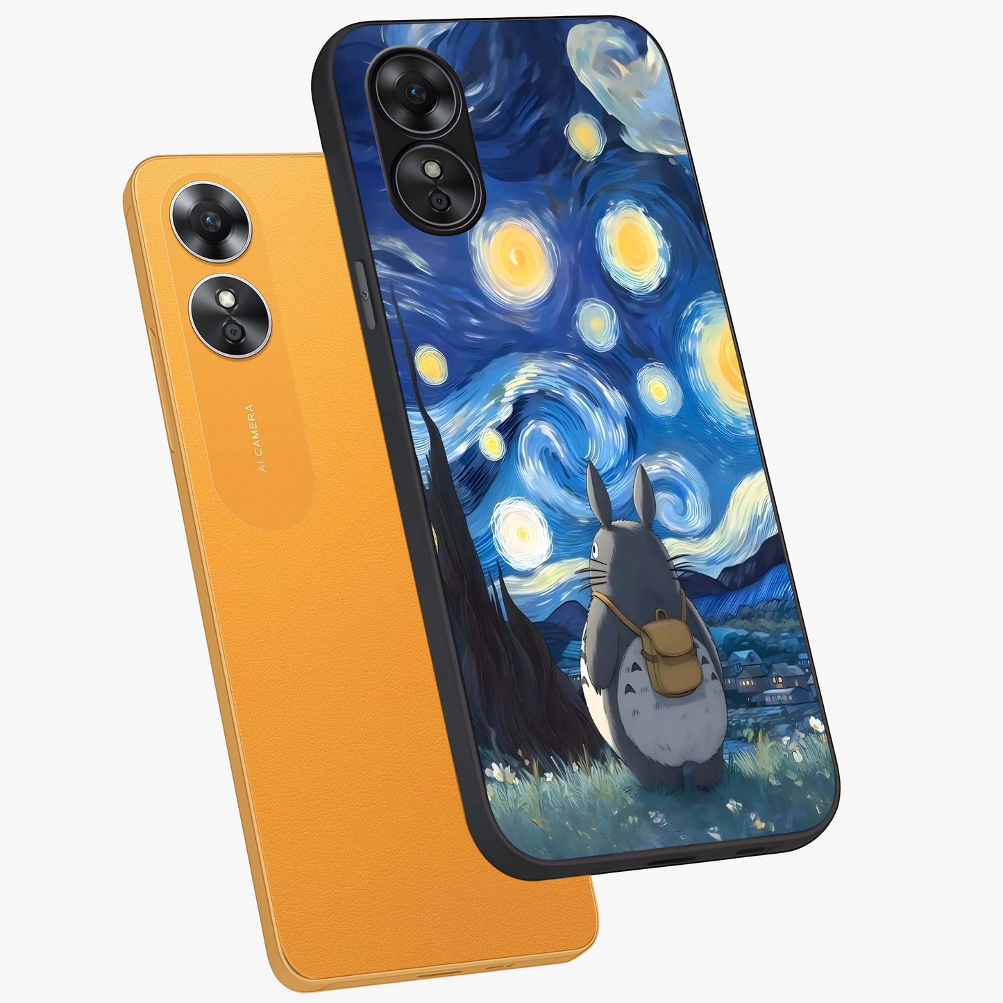 Totoro In Van Gogh Art Glass Case displayed in angled mockup highlighting artistic swirling sky design with playful animation aesthetic.