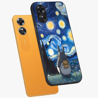 Totoro In Van Gogh Art Glass Case displayed in angled mockup highlighting artistic swirling sky design with playful animation aesthetic.