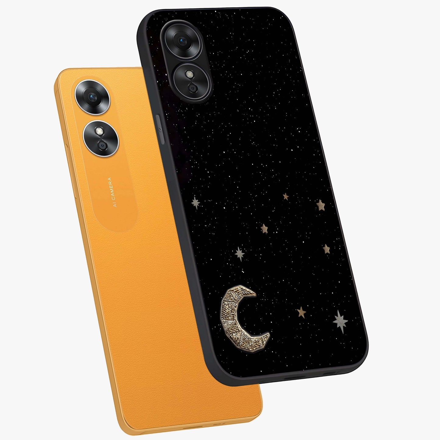 Twinkle Star With Half Moon Glass Case displayed in angled mockup highlighting celestial moon and star design with magical aesthetic.