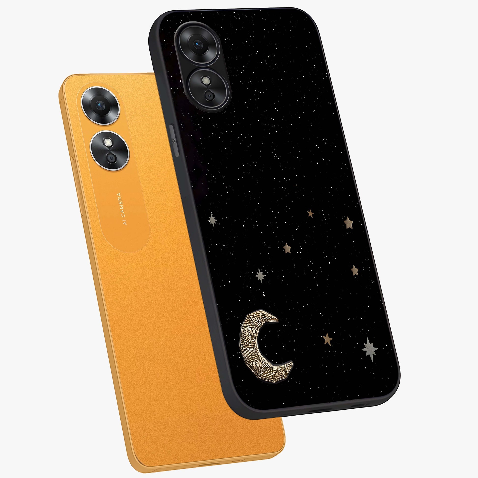 Twinkle Star With Half Moon Glass Case displayed in angled mockup highlighting celestial moon and star design with magical aesthetic.