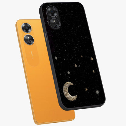 Twinkle Star With Half Moon Glass Case displayed in angled mockup highlighting celestial moon and star design with magical aesthetic.