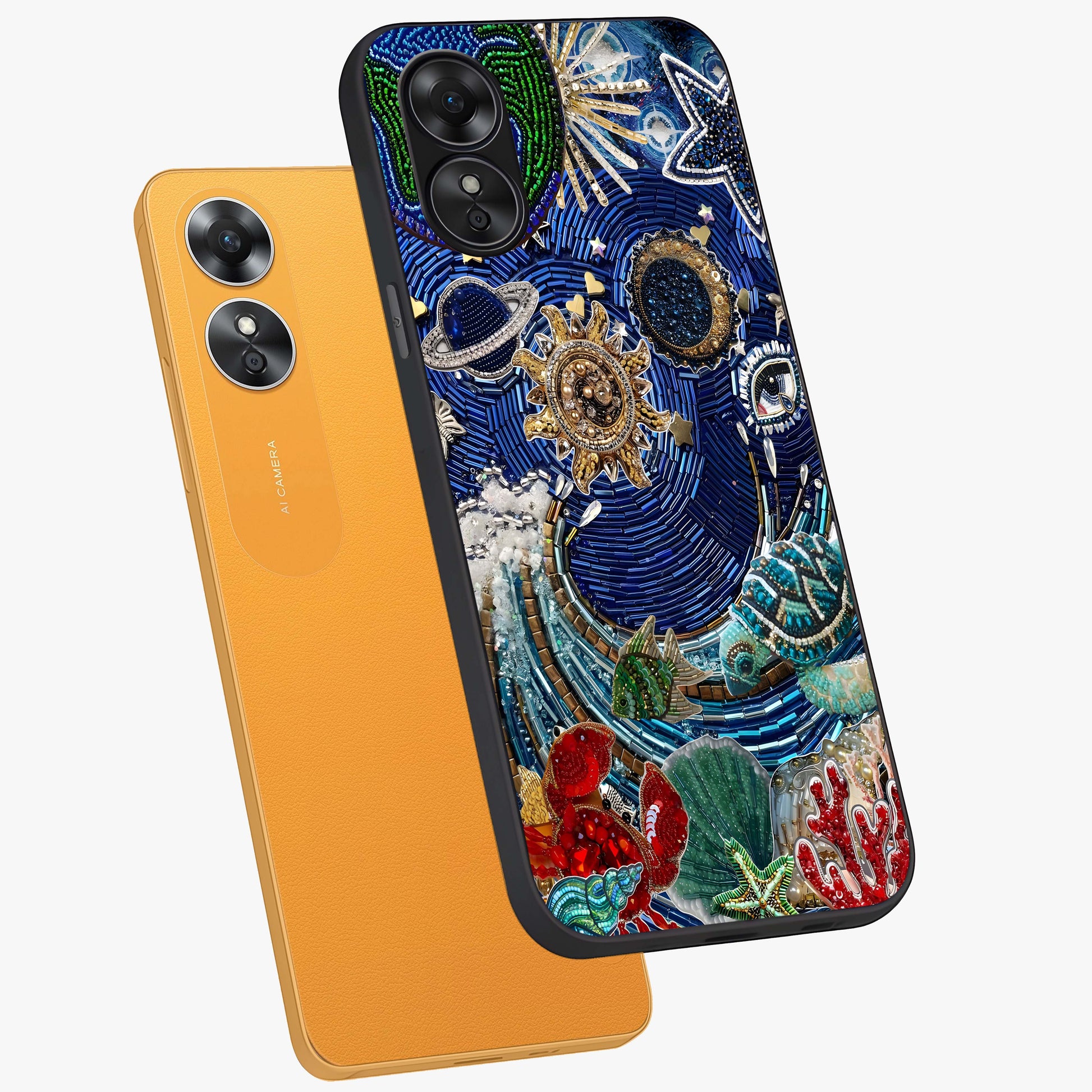 Universe Underwater Spark Glass Case displayed in angled mockup highlighting glowing aquatic design with celestial aesthetic.