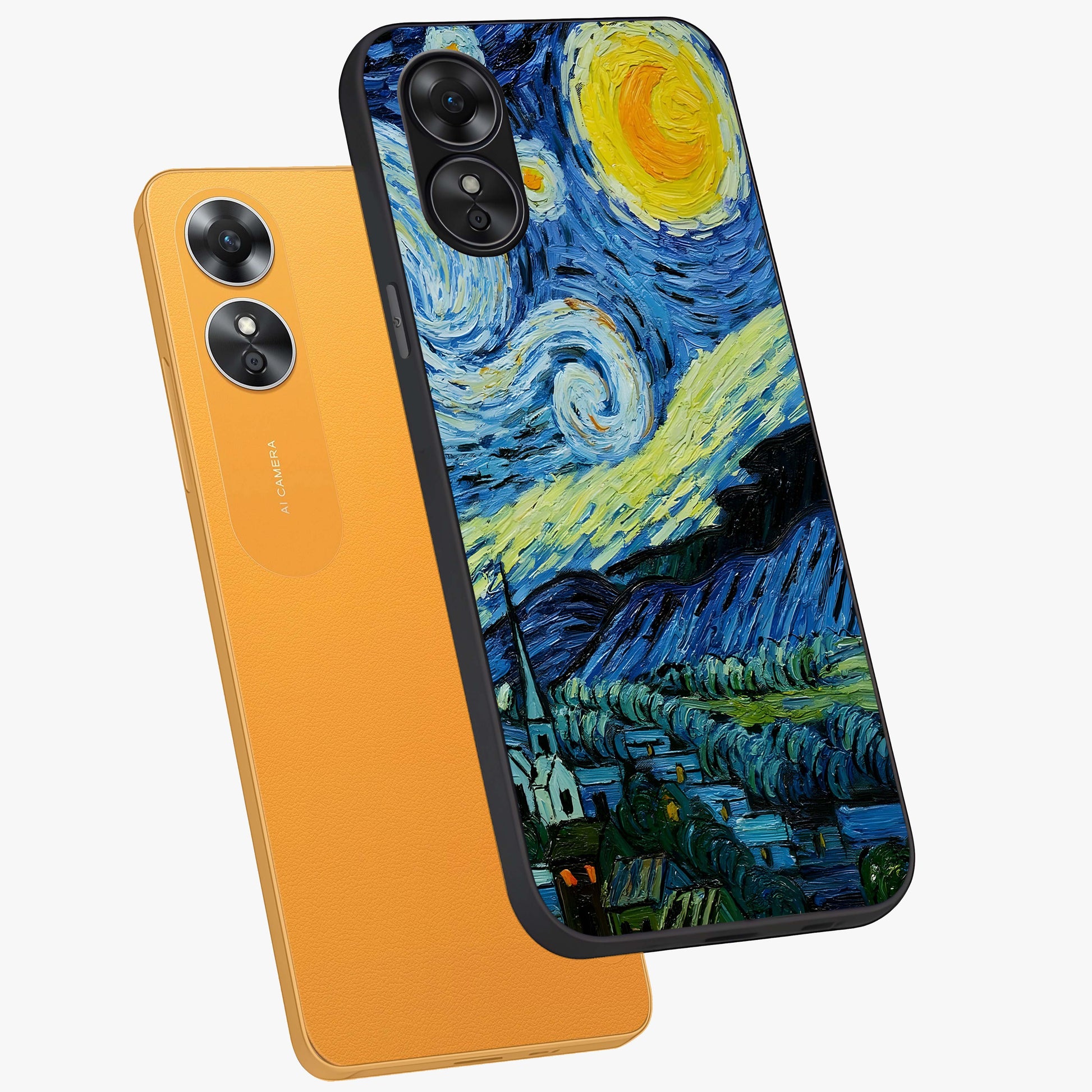 Van Gogh Art Glass Case displayed in angled mockup highlighting swirling brushstroke design with artistic aesthetic.