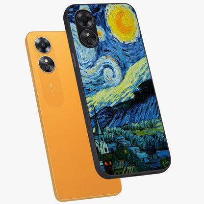 Van Gogh Art Glass Case displayed in angled mockup highlighting swirling brushstroke design with artistic aesthetic.
