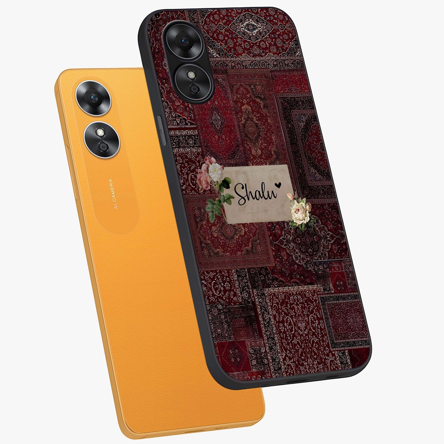 Velvet Wine Pattern Custom Name Glass Case displayed in angled mockup highlighting decorative velvet inspired design with custom name feature.