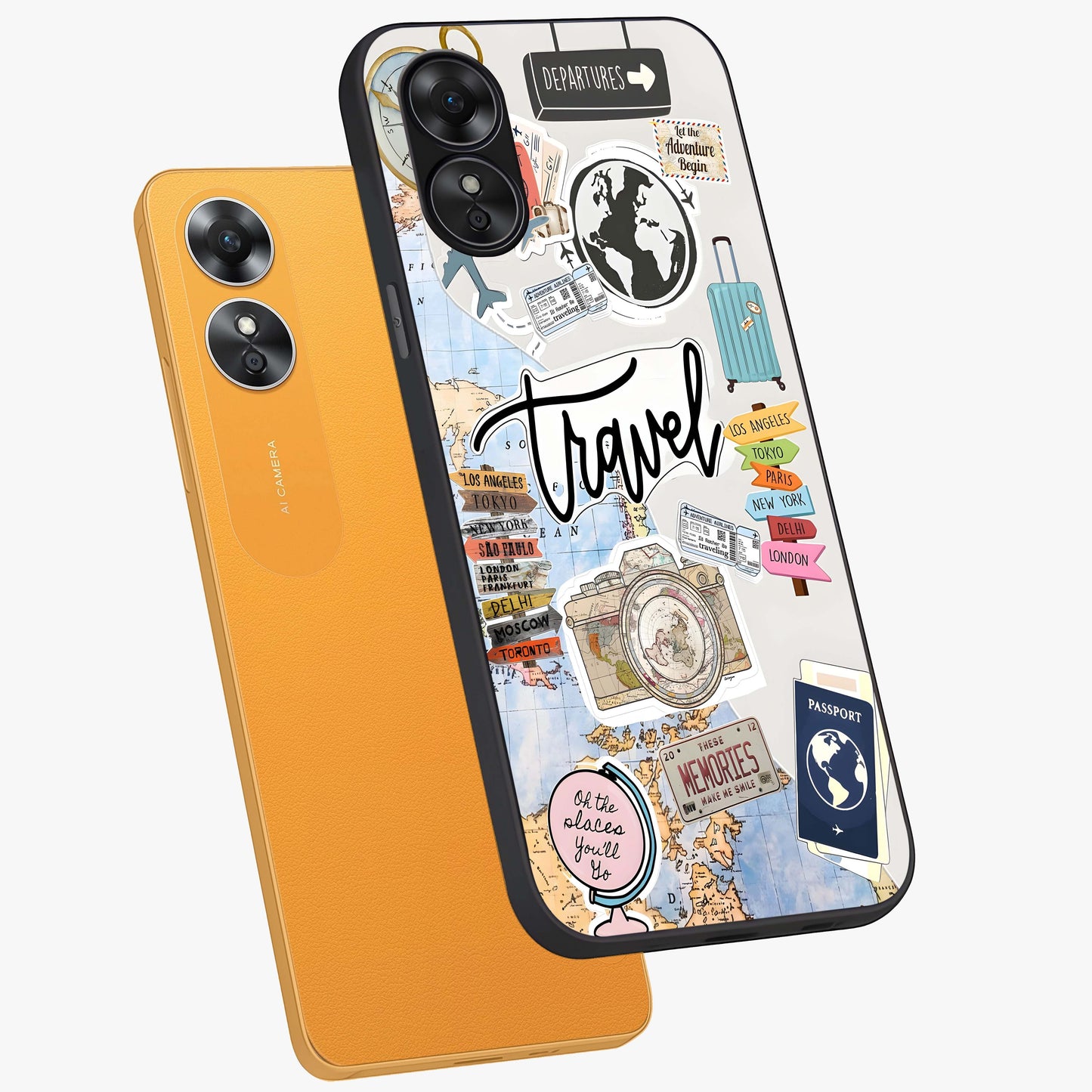 Wanderlust Journal Glass Case displayed in angled mockup highlighting adventure themed design with aesthetic travel vibe.