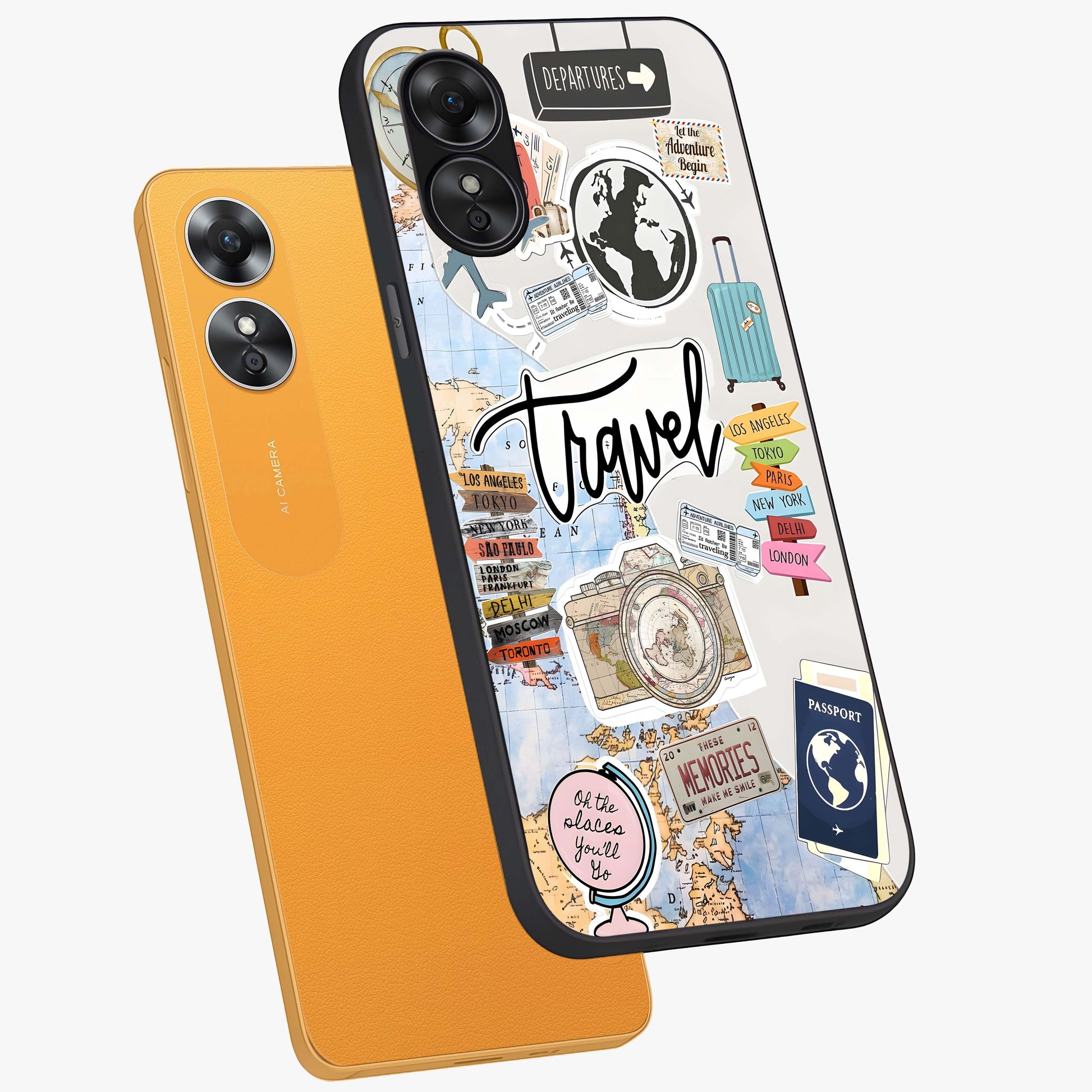 Wanderlust Journal Glass Case displayed in angled mockup highlighting adventure themed design with aesthetic travel vibe.