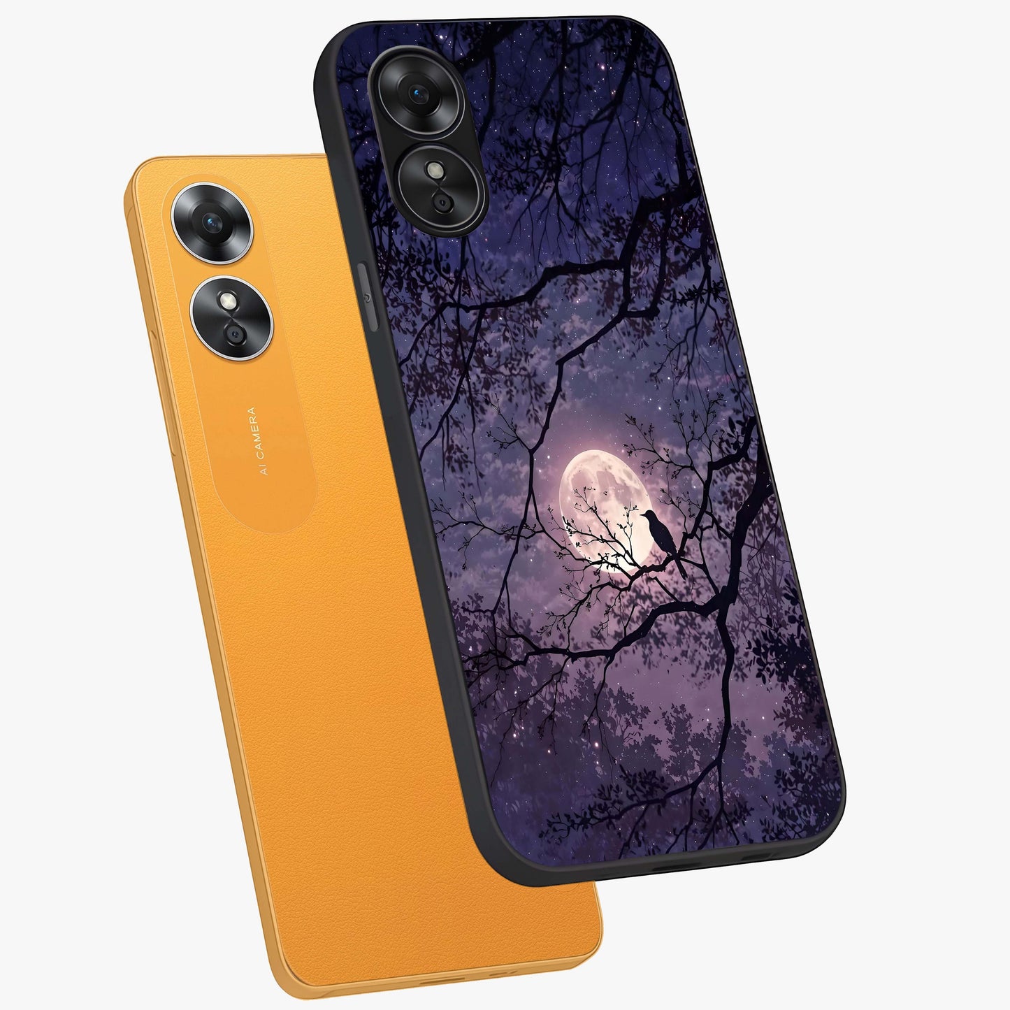 Whispering Moon Silence Glass Case displayed in angled mockup highlighting calm lunar design with dreamy night aesthetic.