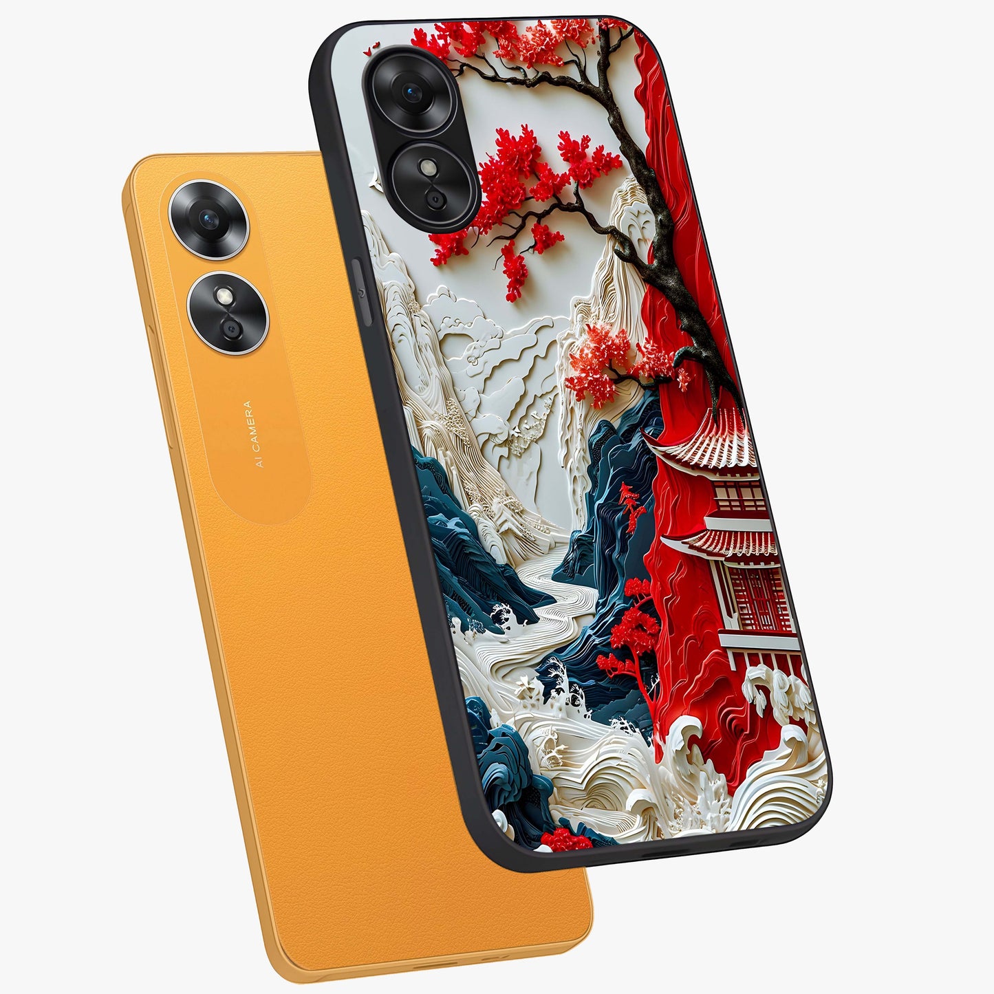 Whispers Of Sakura Waves Glass Case displayed in angled mockup highlighting flowing sakura design with soft floral aesthetic.