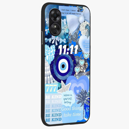 Aesthetic Be Kind Eye Glass Case upright view showcasing stylish eye illustration with positive message theme.