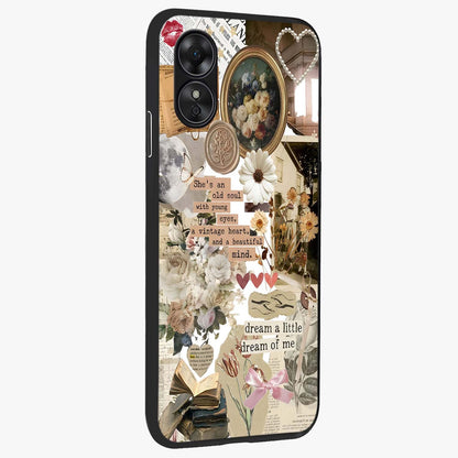 Aesthetic Brown Vintage Collage Glass Case upright view showcasing nostalgic retro artwork with stylish vintage theme.