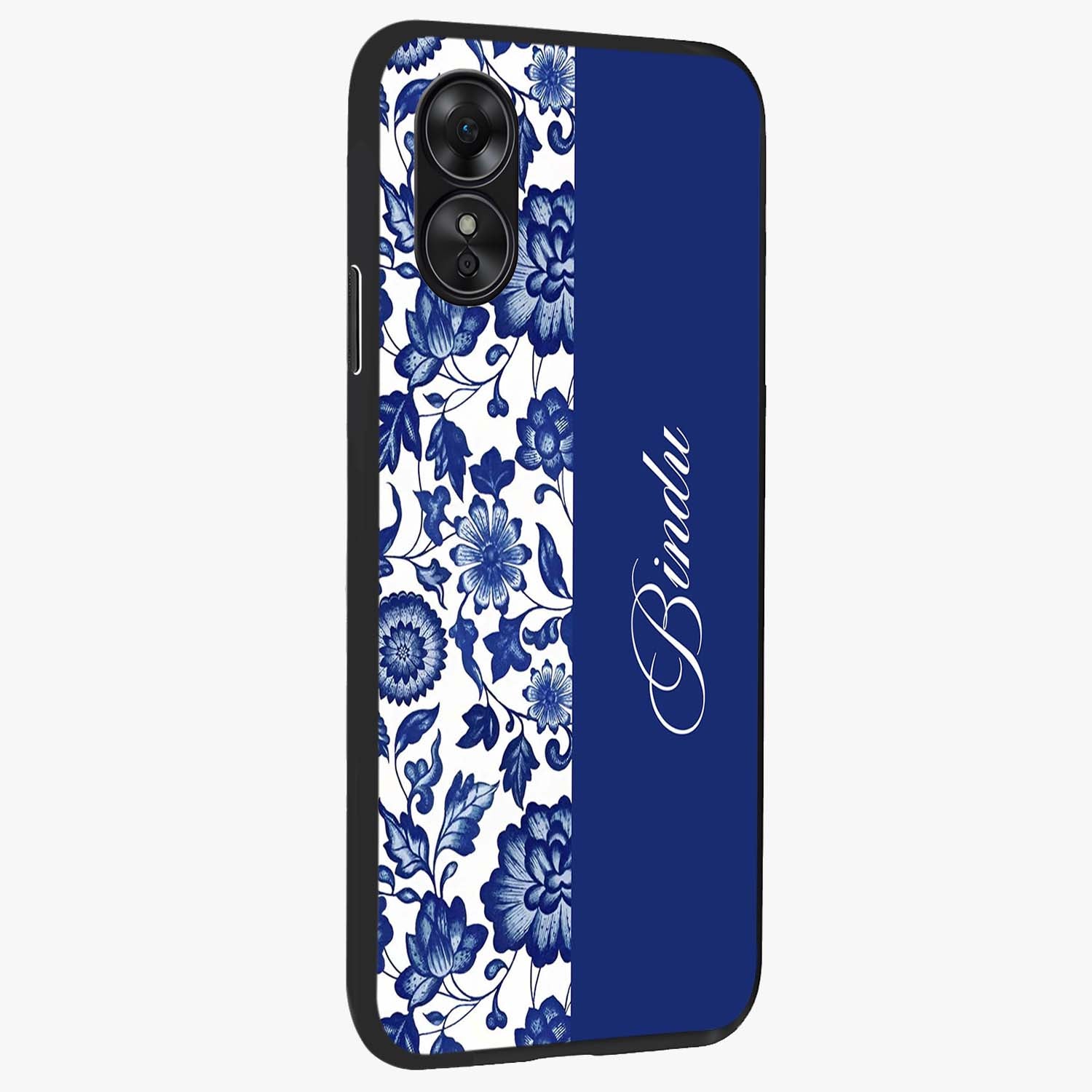 Blue Vintage Floral Pattern Glass Case upright view showcasing delicate blush floral texture with modern minimal style.