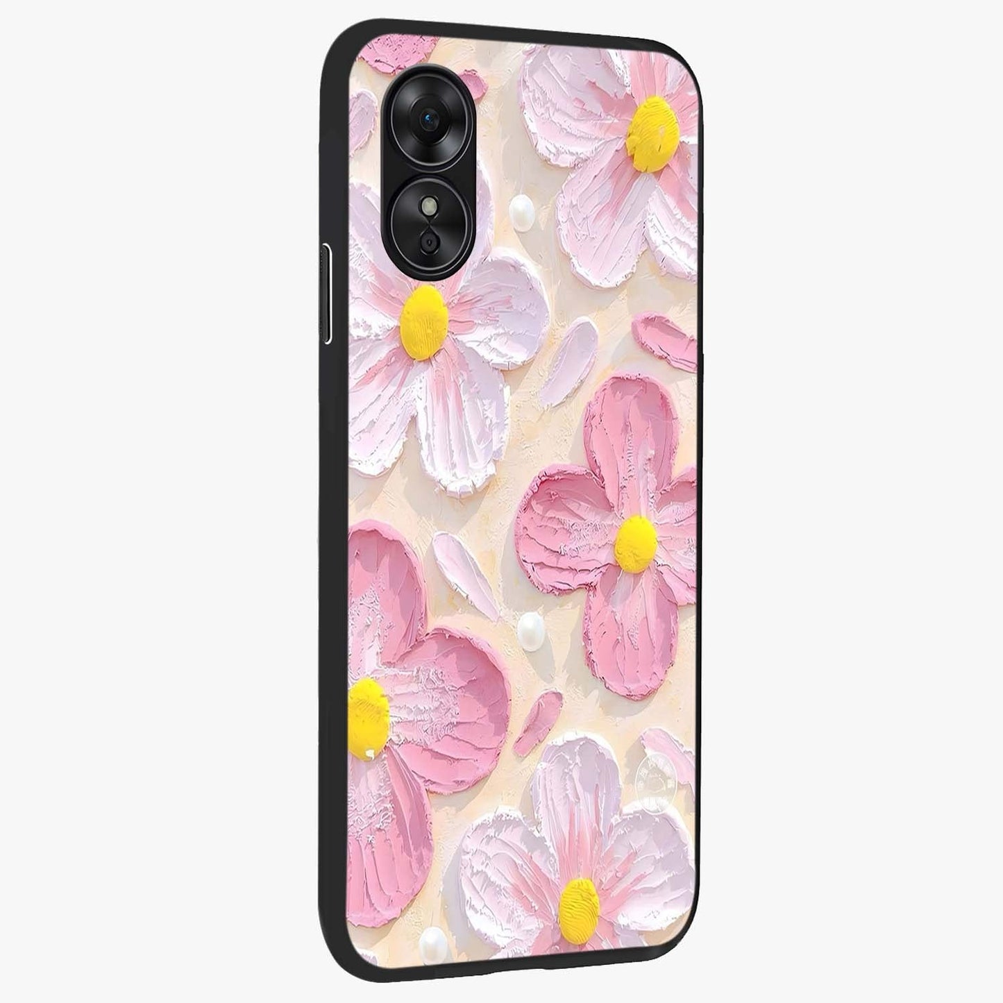 Blush Bloom Texture Glass Case upright view showcasing delicate blush floral texture with modern minimal style.