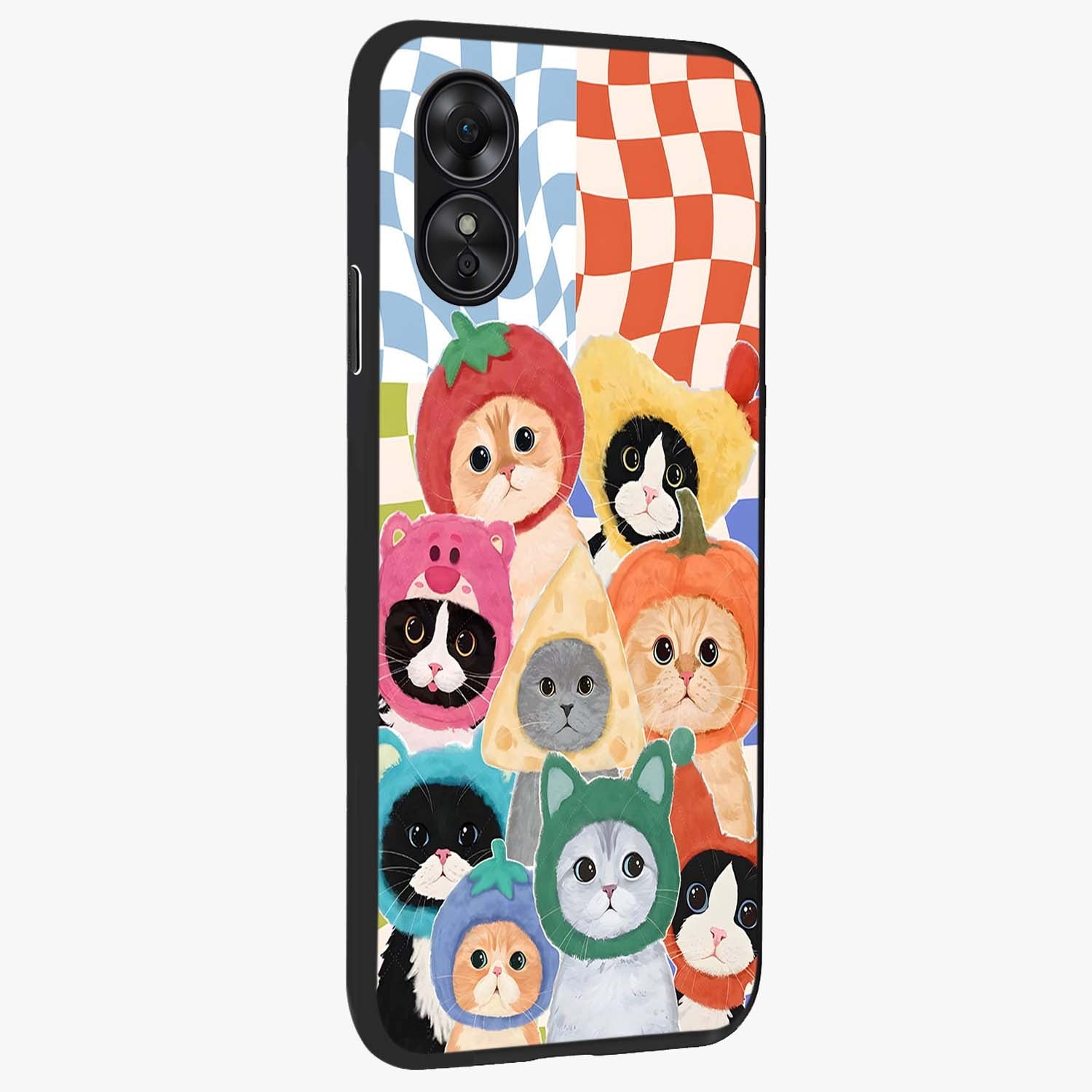 Cats in Fruits Glass Case upright view showcasing charming cat artwork with fun fruity theme.