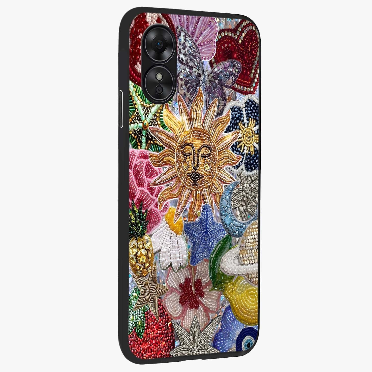 Celestial Floral and Playful Glass Case upright view showcasing whimsical floral artwork with cosmic aesthetic theme.