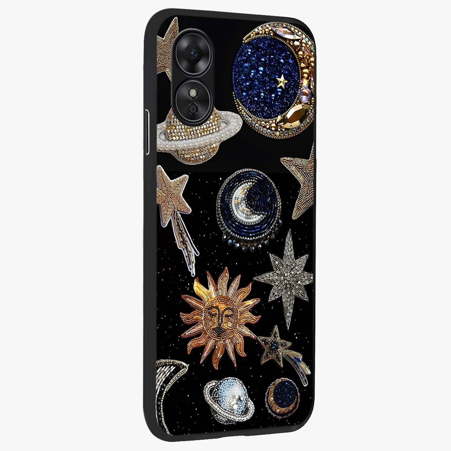 Celestial Gem Constellations Glass Case upright view showcasing cosmic constellation artwork with celestial aesthetic style.