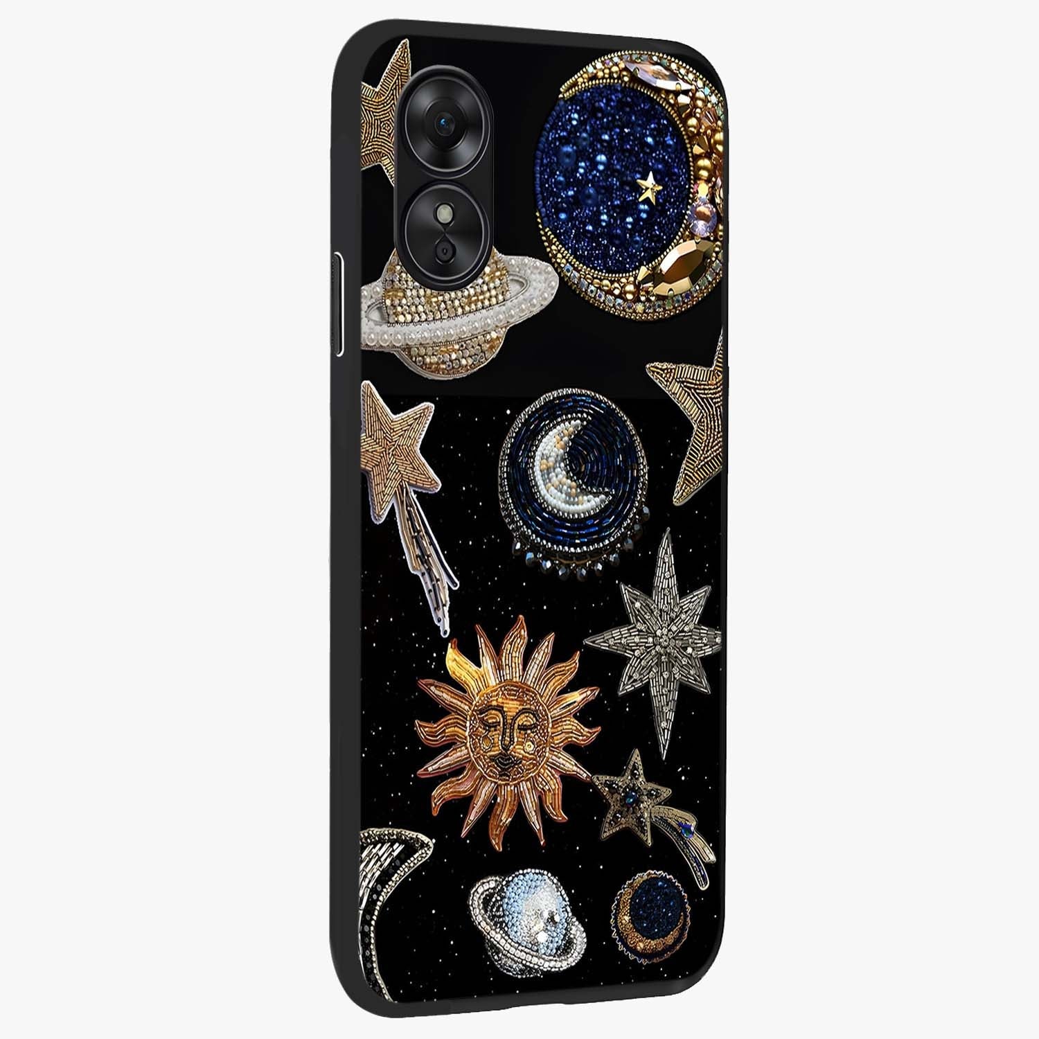 Celestial Gem Constellations Glass Case upright view showcasing cosmic constellation artwork with celestial aesthetic style.