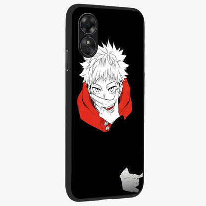 Crimson Chaos Smile Glass Case upright view showcasing expressive chaotic artwork with striking visual theme.