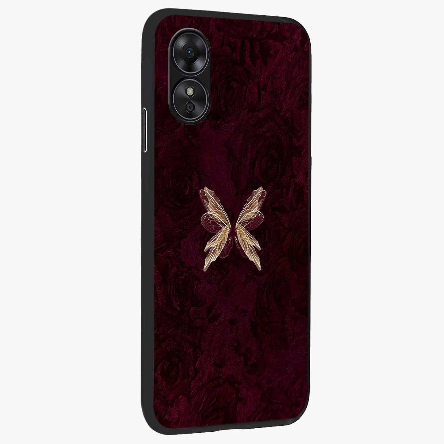 Crimson Fade Butterfly Glass Case upright view showcasing graceful butterfly artwork with soft crimson fade effect.