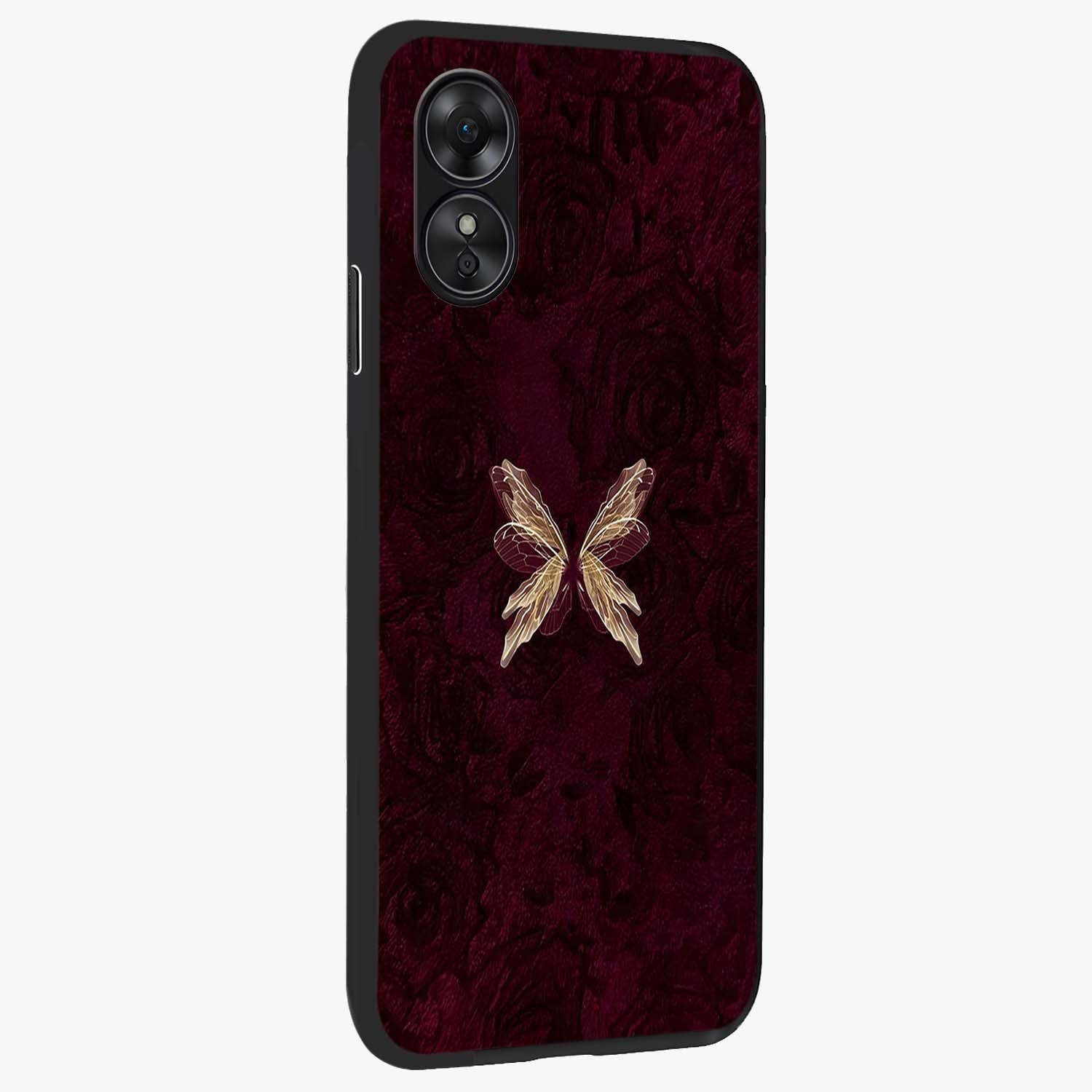 Crimson Fade Butterfly Glass Case upright view showcasing graceful butterfly artwork with soft crimson fade effect.