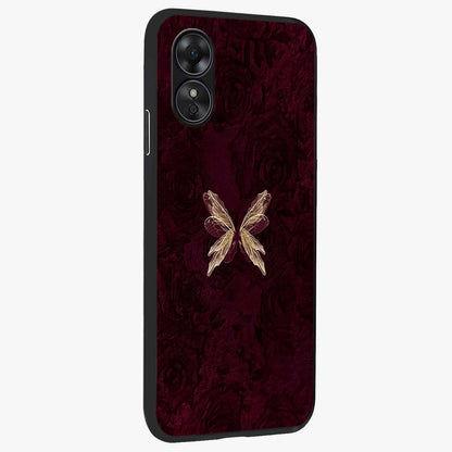 Crimson Fade Butterfly Glass Case upright view showcasing graceful butterfly artwork with soft crimson fade effect.