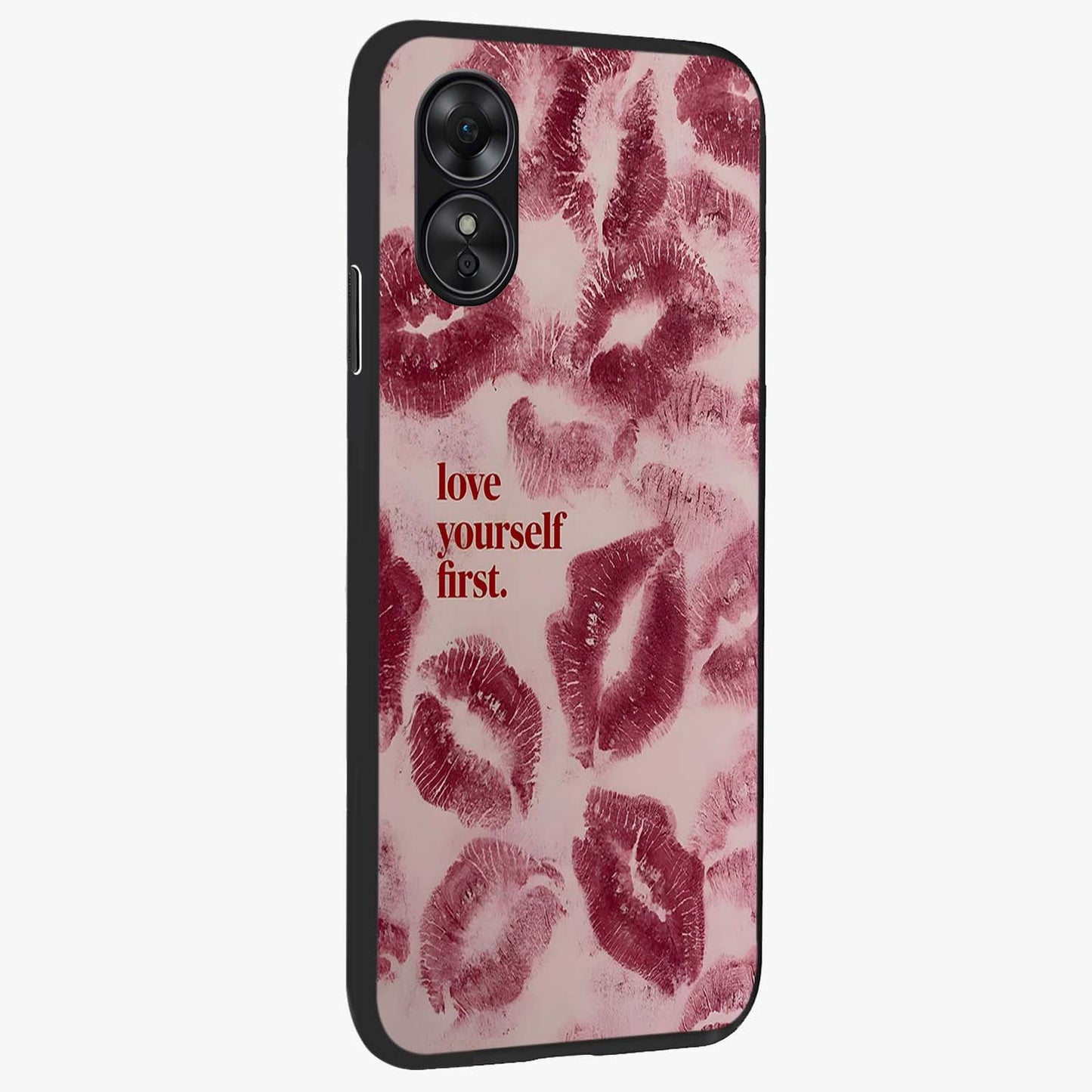 Crimson Kiss Love Glass Case upright view showcasing expressive romantic artwork with deep crimson theme.