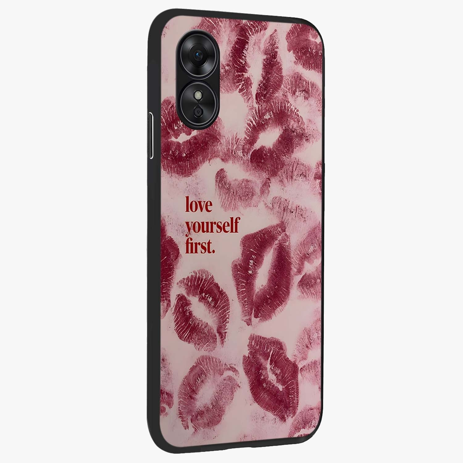 Crimson Kiss Love Glass Case upright view showcasing expressive romantic artwork with deep crimson theme.