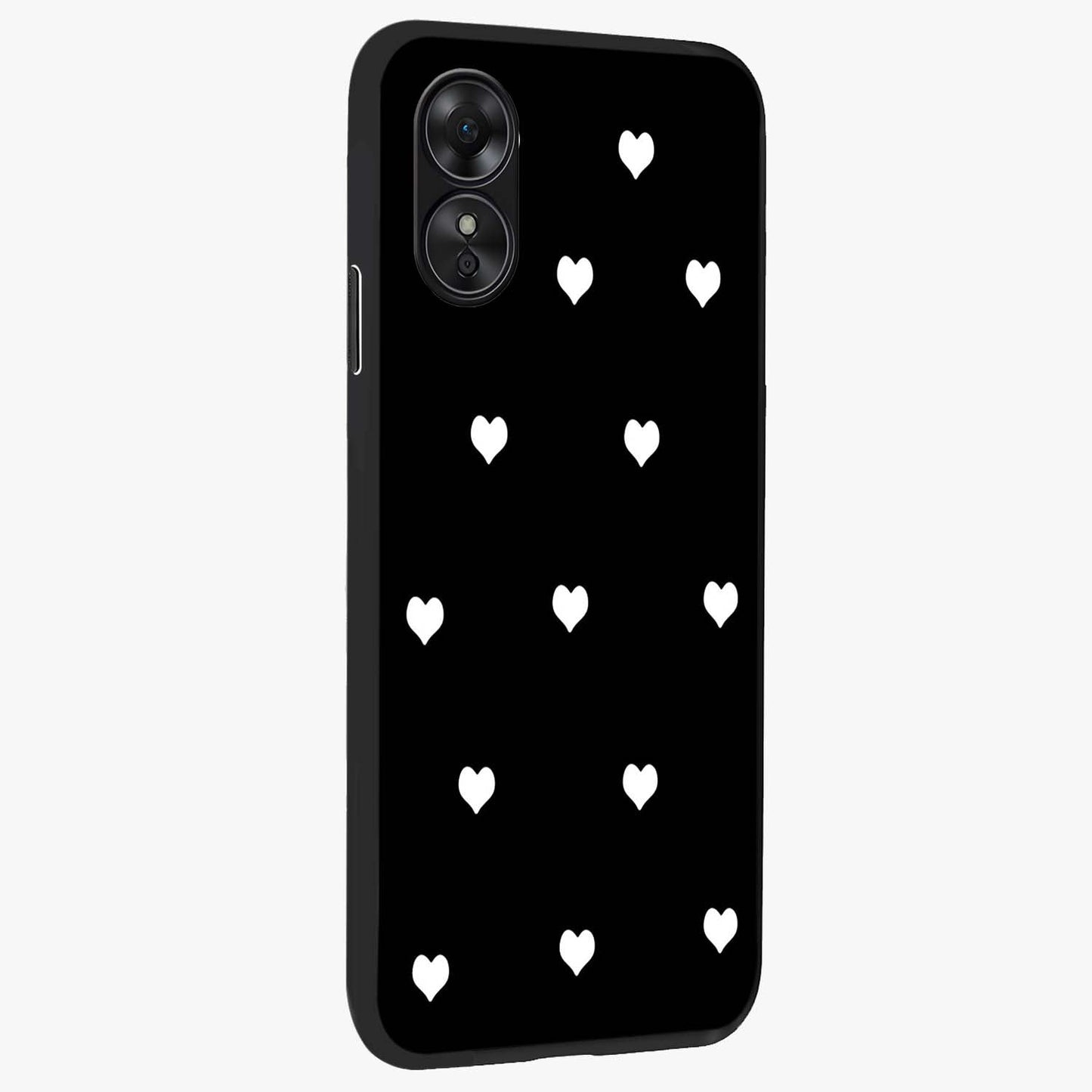 Cute And Simple White Hearts Glass Case upright view showcasing simple white hearts artwork with soft minimal theme.