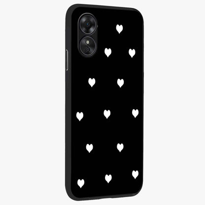 Cute And Simple White Hearts Glass Case upright view showcasing simple white hearts artwork with soft minimal theme.