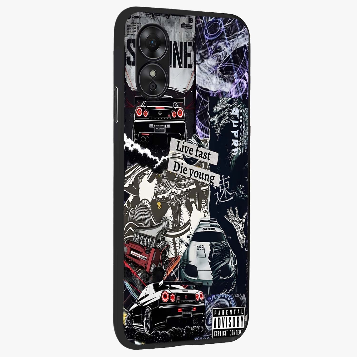 Die Young Glass Case upright view showcasing striking typography artwork with modern statement theme.