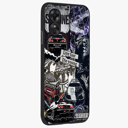Die Young Glass Case upright view showcasing striking typography artwork with modern statement theme.