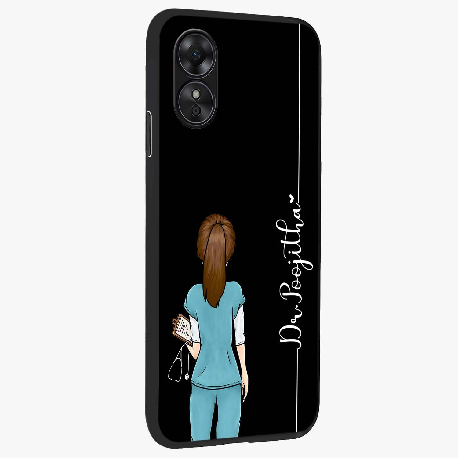 Doctor Pattern Custom Name Glass Case upright view showcasing healthcare themed design with personalized aesthetic.