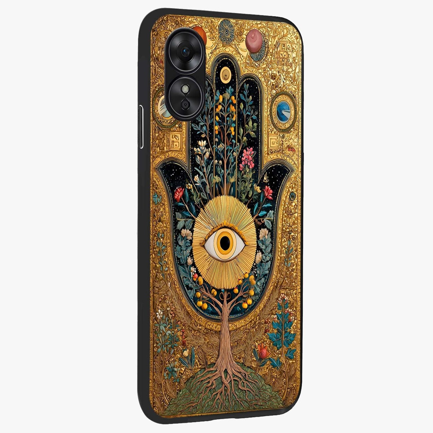Ethereal Evil Eye Glass Case upright view showcasing celestial evil eye artwork with mystical theme.