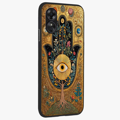 Ethereal Evil Eye Glass Case upright view showcasing celestial evil eye artwork with mystical theme.