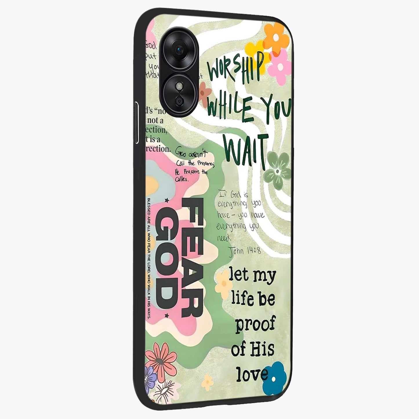 Faith Over Fear Glass Case upright view showcasing bold typography artwork with uplifting motivational theme.