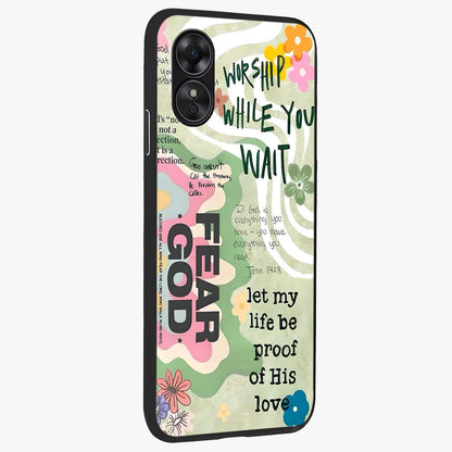 Faith Over Fear Glass Case upright view showcasing bold typography artwork with uplifting motivational theme.