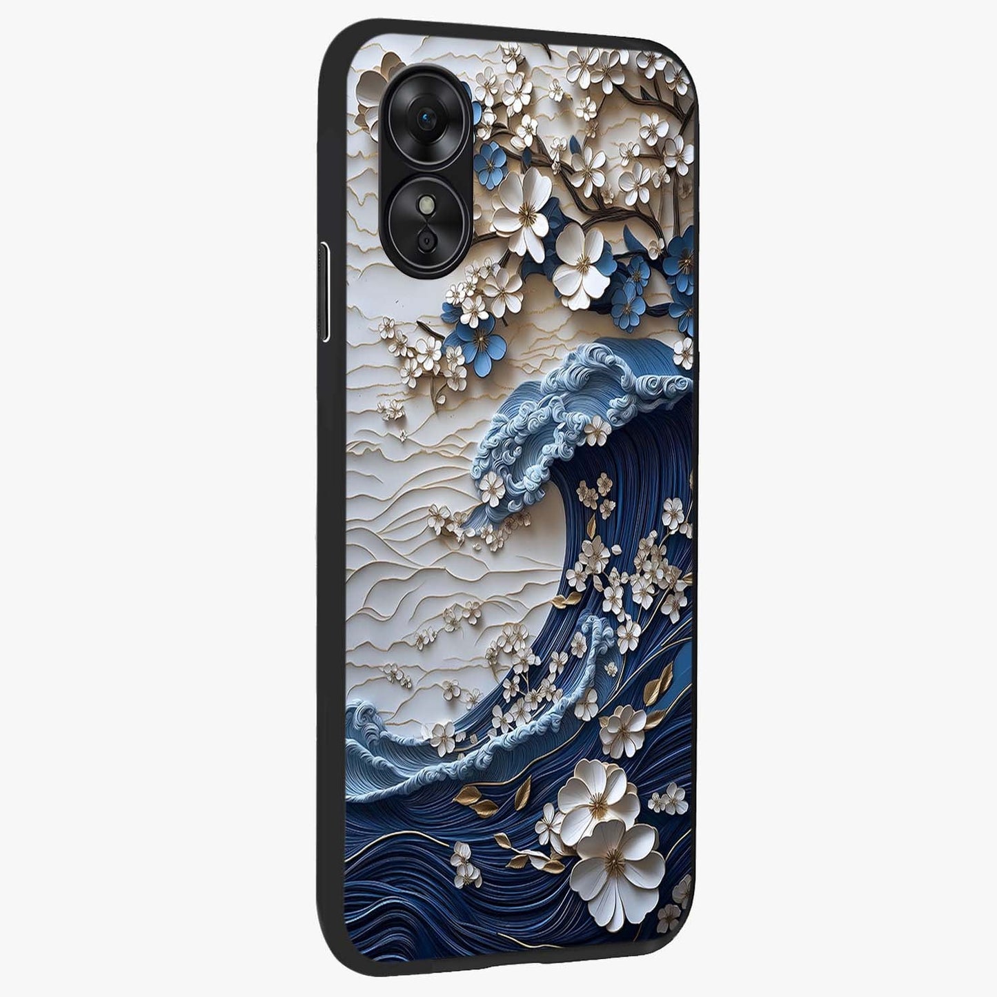 Floral Wave Origami Glass Case upright view showcasing creative floral origami artwork with artistic decorative theme.