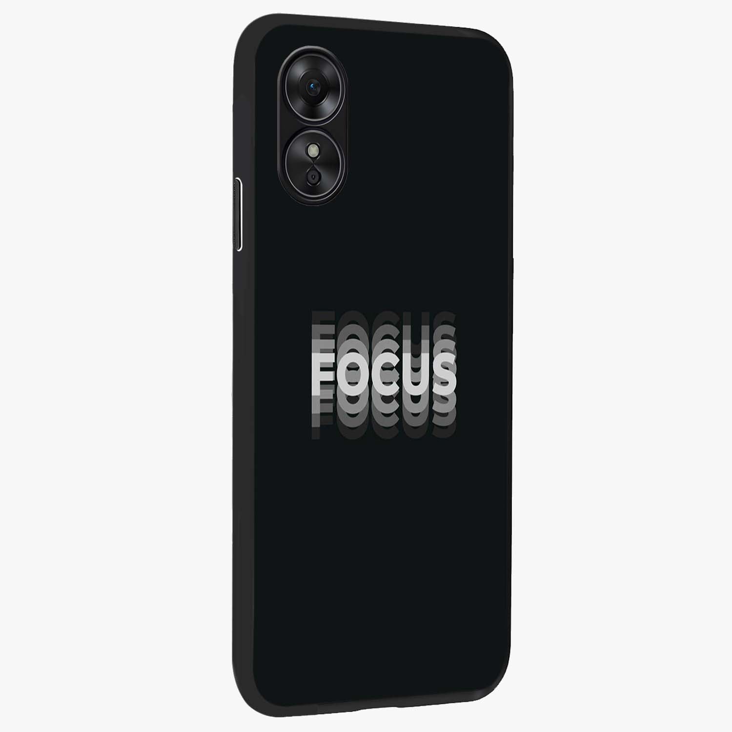 Focus Mode On Glass Case upright view showcasing strong typography statement with sleek motivational theme.