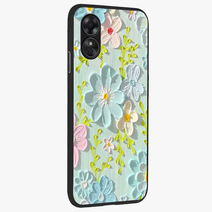 Frosted Petal Garden Glass Case upright view showcasing elegant floral garden artwork with soothing pastel theme.