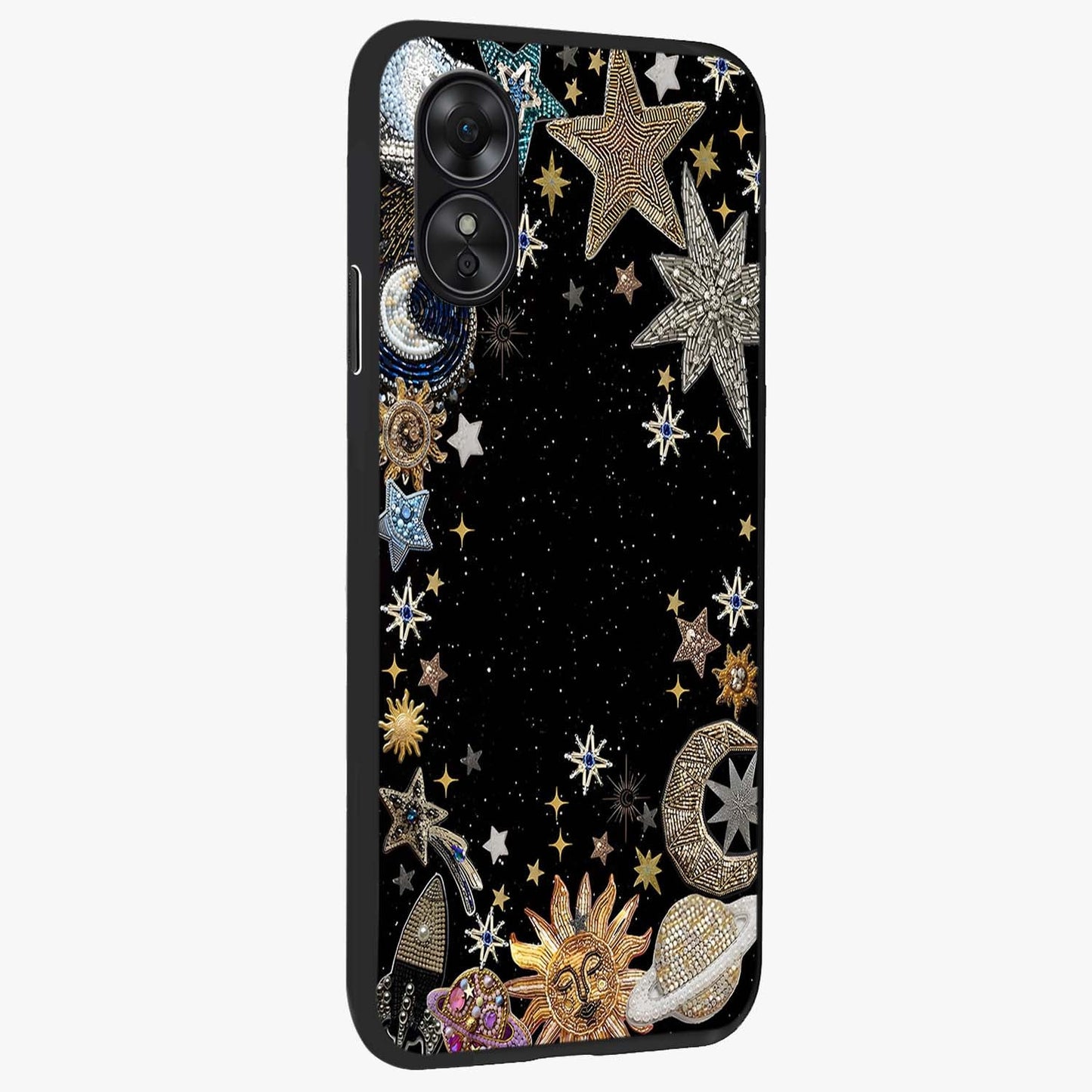 Galactic Jewel Stars Glass Case upright view showcasing glittering star jewel artwork with vibrant galaxy theme.