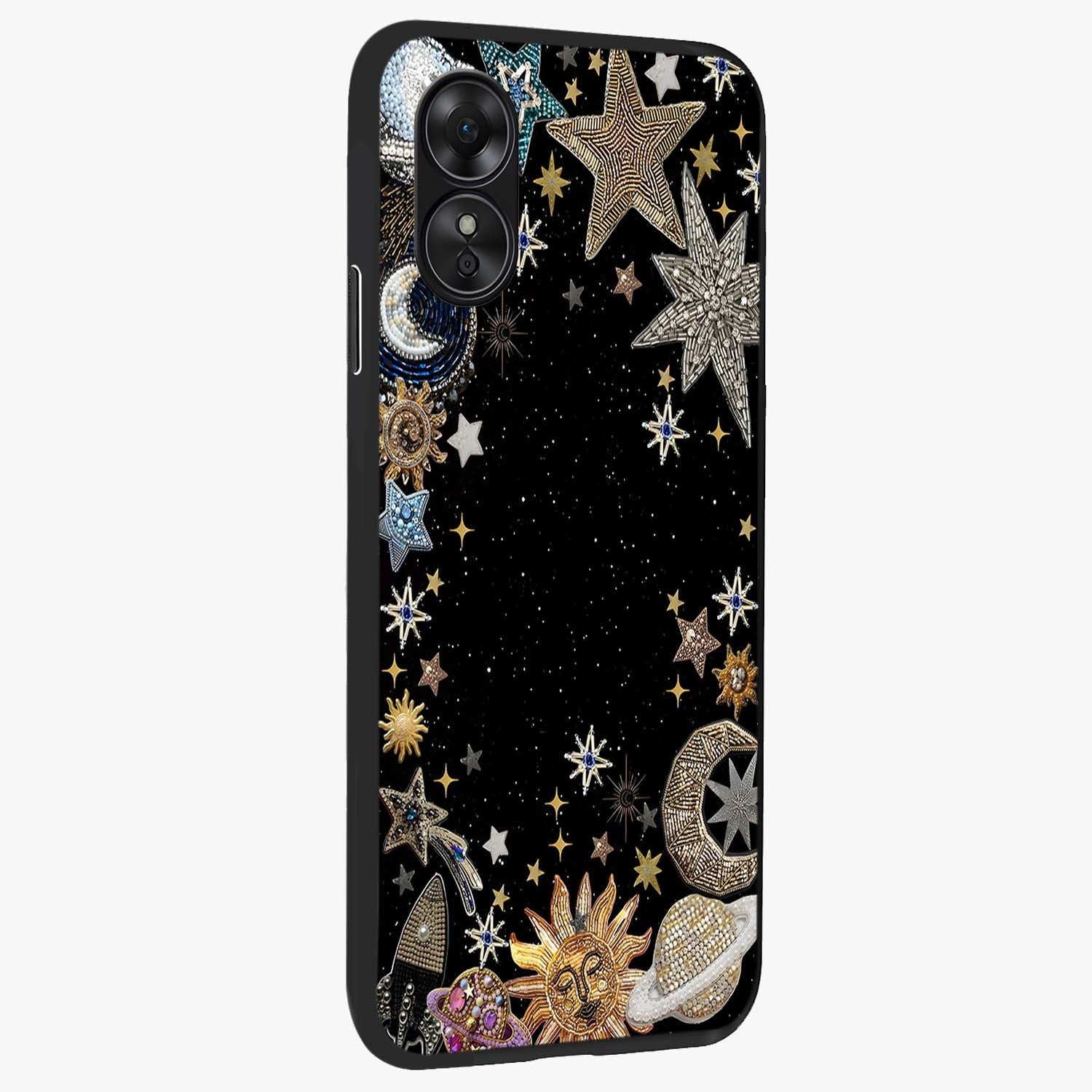 Galactic Jewel Stars Glass Case upright view showcasing glittering star jewel artwork with vibrant galaxy theme.