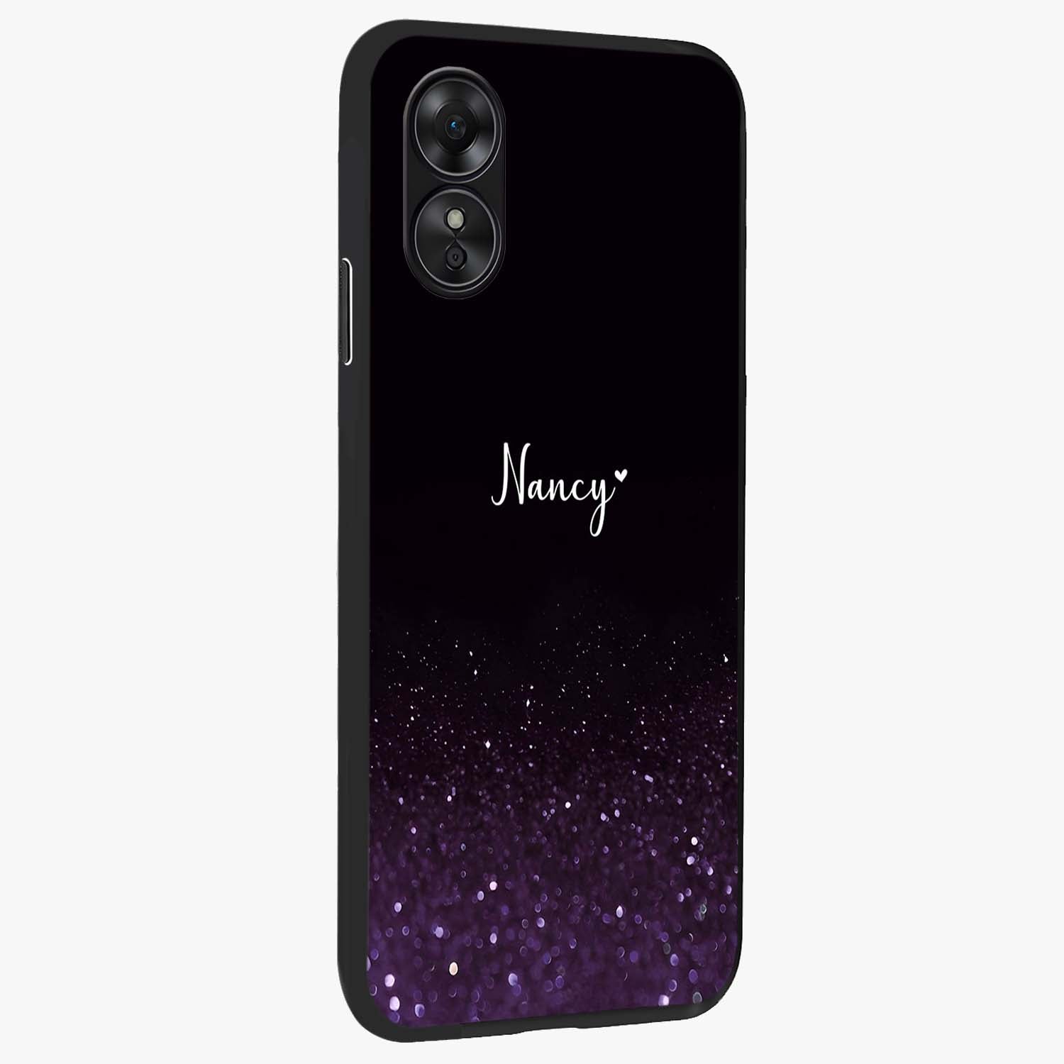 Glittery Purple Bokeh Custom Name Glass Case upright view showcasing vibrant purple sparkle artwork with personalized aesthetic style.